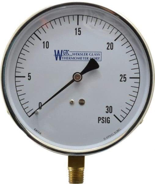 WGTC - 4-1/2" Dial, 1/4 Thread, 0-30 Scale Range, Pressure Gauge - Lower Connection Mount, Accurate to 1% of Scale - Exact Tool & Supply