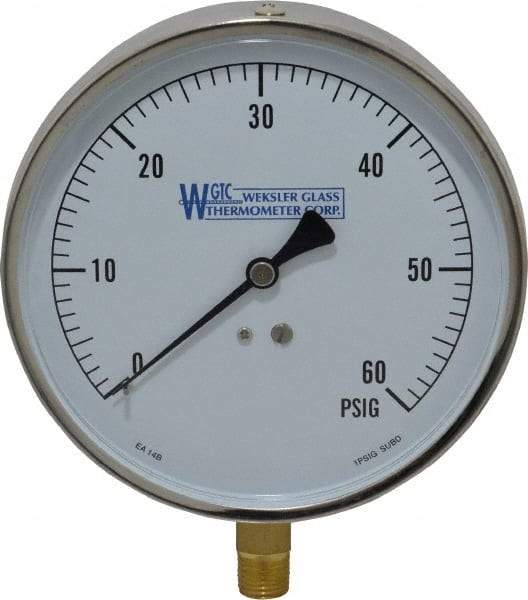 WGTC - 4-1/2" Dial, 1/4 Thread, 0-60 Scale Range, Pressure Gauge - Lower Connection Mount, Accurate to 1% of Scale - Exact Tool & Supply