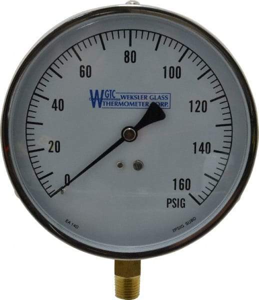WGTC - 4-1/2" Dial, 1/4 Thread, 0-160 Scale Range, Pressure Gauge - Lower Connection Mount, Accurate to 1% of Scale - Exact Tool & Supply
