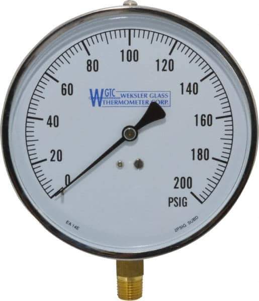 WGTC - 4-1/2" Dial, 1/4 Thread, 0-200 Scale Range, Pressure Gauge - Lower Connection Mount, Accurate to 1% of Scale - Exact Tool & Supply