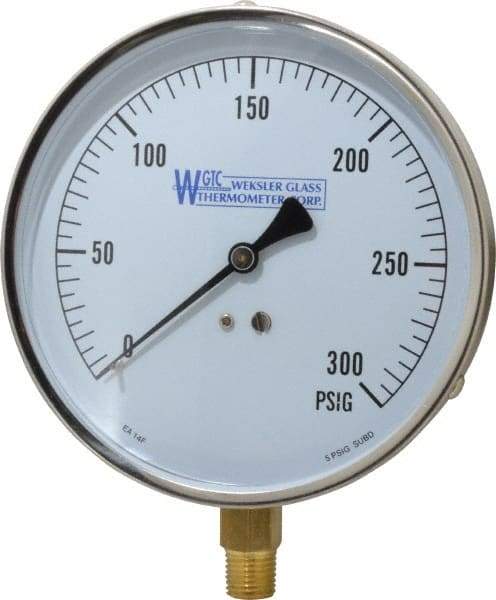 WGTC - 4-1/2" Dial, 1/4 Thread, 0-300 Scale Range, Pressure Gauge - Lower Connection Mount, Accurate to 1% of Scale - Exact Tool & Supply