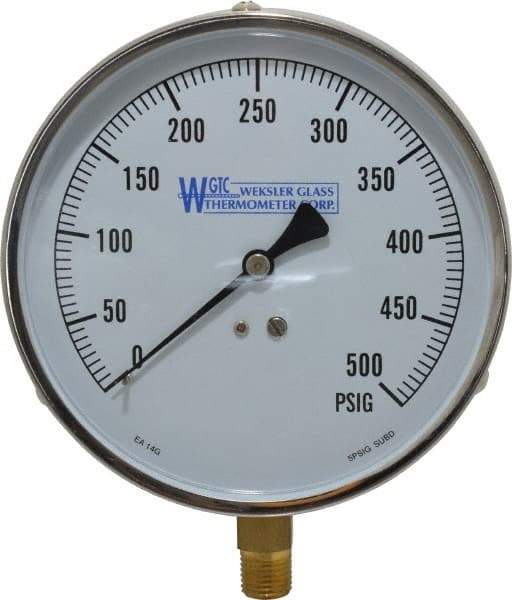 WGTC - 4-1/2" Dial, 1/4 Thread, 0-500 Scale Range, Pressure Gauge - Lower Connection Mount, Accurate to 1% of Scale - Exact Tool & Supply