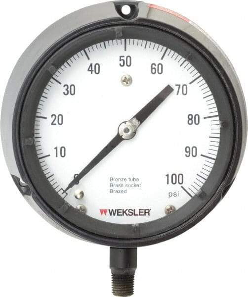 Made in USA - 4-1/2" Dial, 1/4 Thread, 0-100 Scale Range, Pressure Gauge - Lower Connection Mount, Accurate to 1% of Scale - Exact Tool & Supply