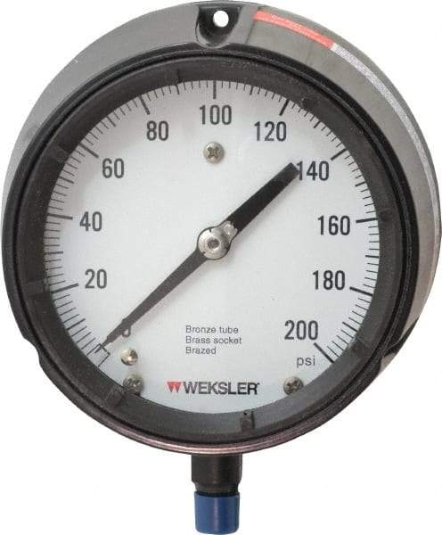 Made in USA - 4-1/2" Dial, 1/4 Thread, 0-200 Scale Range, Pressure Gauge - Lower Connection Mount, Accurate to 1% of Scale - Exact Tool & Supply