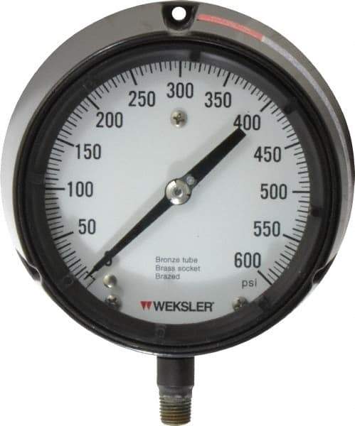 Made in USA - 4-1/2" Dial, 1/4 Thread, 0-600 Scale Range, Pressure Gauge - Lower Connection Mount, Accurate to 1% of Scale - Exact Tool & Supply