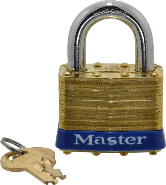 Master Lock - 1" Shackle Clearance, Keyed Alike Laminated Brass Padlock - 3/8" Shackle Diam, Brass - Exact Tool & Supply