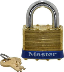 Master Lock - 1" Shackle Clearance, Keyed Alike Laminated Brass Padlock - 3/8" Shackle Diam, Brass - Exact Tool & Supply