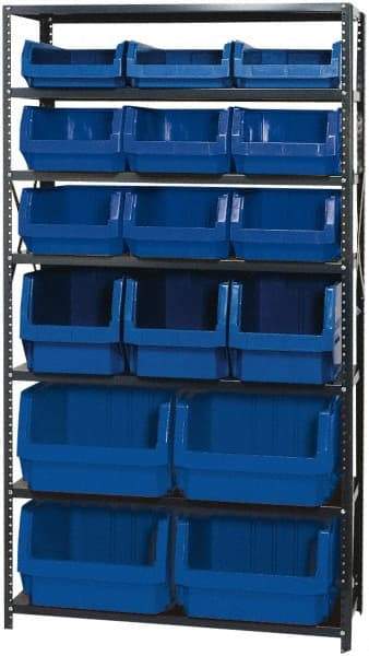 Quantum Storage - 16 Bin Large Hopper Front Bin Storage Units - 18 Inch Overall Depth x 75 Inch Overall Height, Blue High Density Polyethylene Bins - Exact Tool & Supply