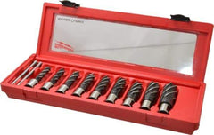 Milwaukee Tool - 9 Piece, 1/2 to 15/16" Cutter Diam, 2" Cutting Depth, Steel Annular Cutter Set - Bright Finish, 3/4" Shank Diam, 1/2", 9/16", 5/8", 11/16", 3/4", 13/16", 7/8", 15/16", 1-1/16" Cutter Diams, 2 Flats on Shank - Exact Tool & Supply