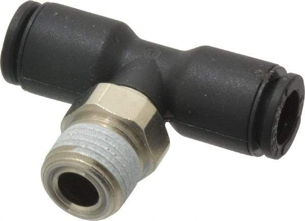 Legris - 6mm OD, 1/8 NPT, Nylon/Nickel Plated Brass Push-to-Connect Male Branch Tee - 290 Max psi, Black - Exact Tool & Supply