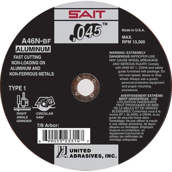 Sait - 4-1/2" 46 Grit Aluminum Oxide Cutoff Wheel - 0.045" Thick, 7/8" Arbor, 13,300 Max RPM, Use with Angle Grinders - Exact Tool & Supply