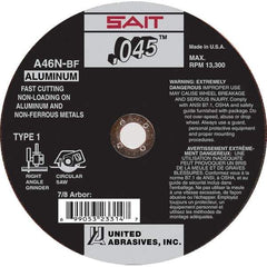 Sait - 4-1/2" 46 Grit Aluminum Oxide Cutoff Wheel - 0.045" Thick, 7/8" Arbor, 13,300 Max RPM, Use with Angle Grinders - Exact Tool & Supply