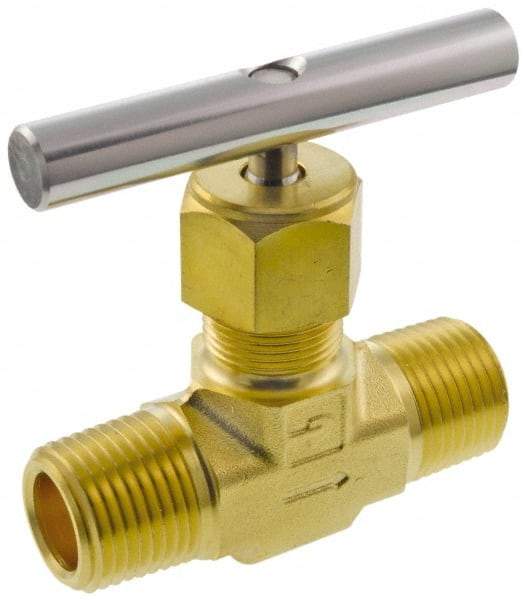 Parker - 3,000 Max psi, 1/2" Pipe, Brass, Inline Instrumentation Needle Valve - MNPT x MNPT End Connections - Exact Tool & Supply
