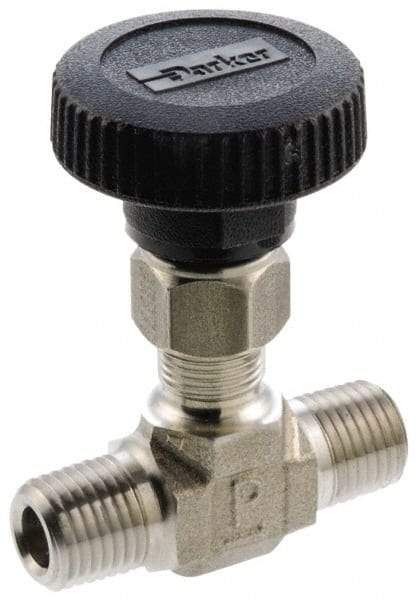Parker - 5,000 Max psi, 3/8" Pipe, 316 Grade Stainless Steel, Inline Instrumentation Needle Valve - MNPT x MNPT End Connections - Exact Tool & Supply