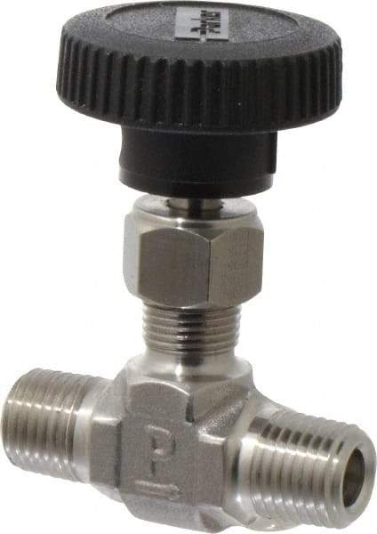 Parker - 5,000 Max psi, 1/4" Pipe, 316 Grade Stainless Steel, Inline Instrumentation Needle Valve - MNPT x MNPT End Connections - Exact Tool & Supply