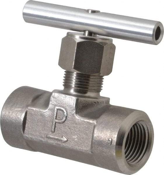 Parker - 5,000 Max psi, 1/2" Pipe, 316 Grade Stainless Steel, Inline Instrumentation Needle Valve - FNPT x FNPT End Connections - Exact Tool & Supply