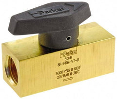 Parker - 1/2" Pipe, 3,000 psi WOG Rating, Brass, Inline, One Way Instrumentation Plug Valve - Wedge Handle, FNPT x FNPT End Connections, Viton Seal - Exact Tool & Supply