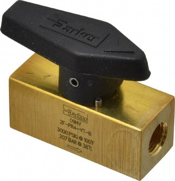 Parker - 1/8" Pipe, 3,000 psi WOG Rating, Brass, Inline, One Way Instrumentation Plug Valve - Wedge Handle, FNPT x FNPT End Connections, Viton Seal - Exact Tool & Supply