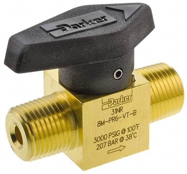 Parker - 1/2" Pipe, 3,000 psi WOG Rating, Brass, Inline, One Way Instrumentation Plug Valve - Wedge Handle, MNPT x MNPT End Connections, Viton Seal - Exact Tool & Supply