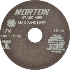 Norton - 6" 60 Grit Aluminum Oxide Cutoff Wheel - 1/16" Thick, 1-1/4" Arbor, 7,640 Max RPM, Use with Stationary Grinders - Exact Tool & Supply