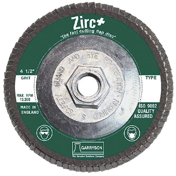 Garryson - 36 Grit, 4-1/2" Disc Diam, 5/8-11 Center Hole, Type 29 Zirconia Alumina Flap Disc - 13,300 Max RPM, Fiberglass Backing, Arbor Attaching System, Coated - Exact Tool & Supply