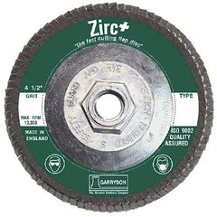 Garryson - 80 Grit, 4-1/2" Disc Diam, 5/8-11 Center Hole, Type 29 Zirconia Alumina Flap Disc - 13,300 Max RPM, Fiberglass Backing, Arbor Attaching System, Coated - Exact Tool & Supply
