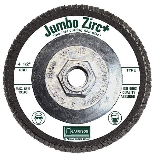 Garryson - 36 Grit, 7" Disc Diam, 5/8-11 Center Hole, Type 29 Zirconia Alumina Flap Disc - 8,600 Max RPM, Fiberglass Backing, Arbor Attaching System, Coated - Exact Tool & Supply