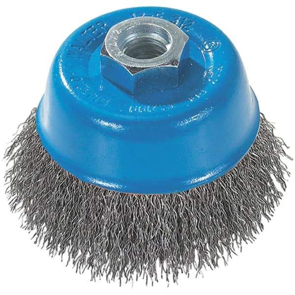 WALTER Surface Technologies - 3" Diam, 5/8-11 Threaded Arbor, Stainless Steel Fill Cup Brush - 0.0118 Wire Diam, 12,000 Max RPM - Exact Tool & Supply