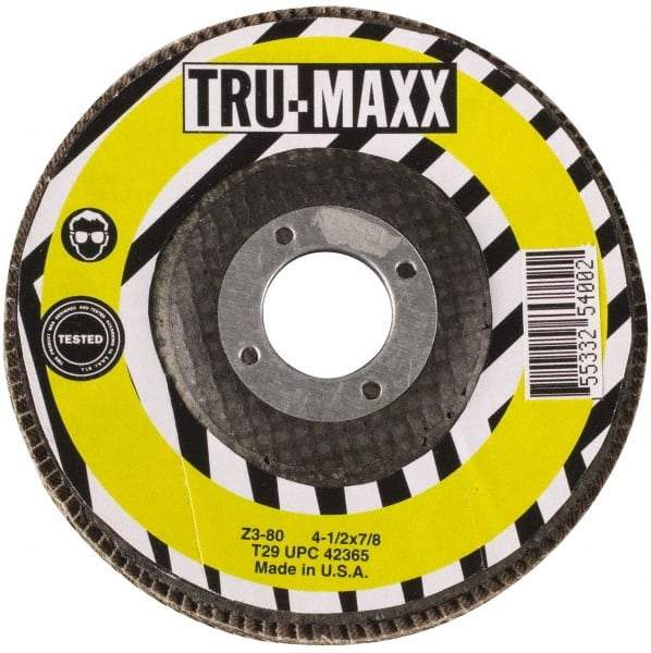 Tru-Maxx - 60 Grit, 4-1/2" Disc Diam, 7/8" Center Hole, Type 29 Flap Disc - 13,300 Max RPM, Arbor Attaching System, Coated - Exact Tool & Supply
