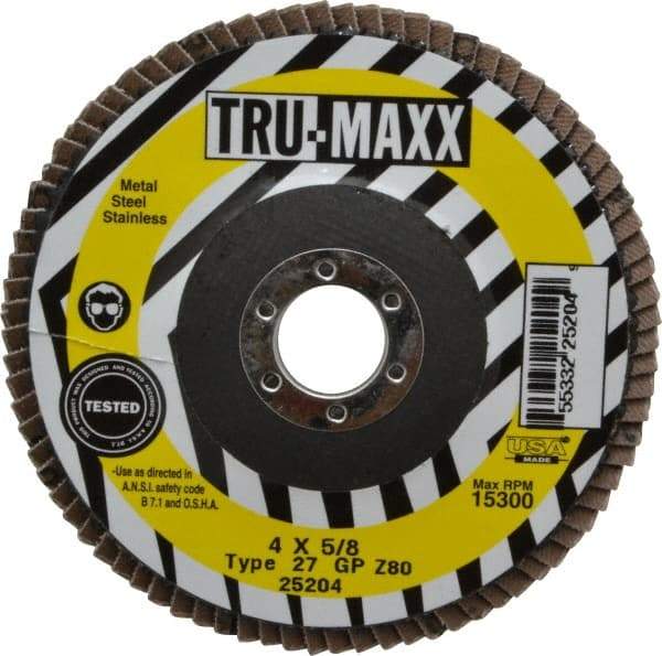 Tru-Maxx - 80 Grit, 4" Disc Diam, 5/8" Center Hole, Type 27 Zirconia Alumina Flap Disc - 15,300 Max RPM, Arbor Attaching System, Coated - Exact Tool & Supply