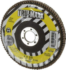 Tru-Maxx - 120 Grit, 4" Disc Diam, 5/8" Center Hole, Type 27 Zirconia Alumina Flap Disc - 15,300 Max RPM, Arbor Attaching System, Coated - Exact Tool & Supply