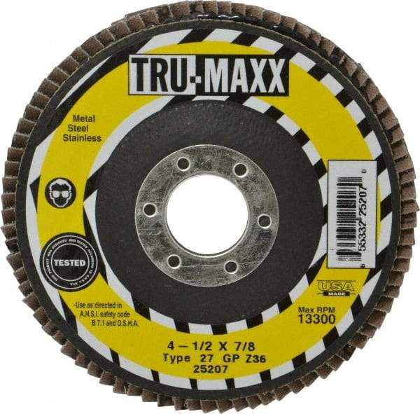 Tru-Maxx - 36 Grit, 4-1/2" Disc Diam, 7/8" Center Hole, Type 27 Zirconia Alumina Flap Disc - 13,300 Max RPM, Arbor Attaching System, Coated - Exact Tool & Supply
