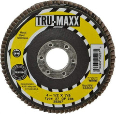Tru-Maxx - 36 Grit, 4-1/2" Disc Diam, 7/8" Center Hole, Type 27 Zirconia Alumina Flap Disc - 13,300 Max RPM, Arbor Attaching System, Coated - Exact Tool & Supply