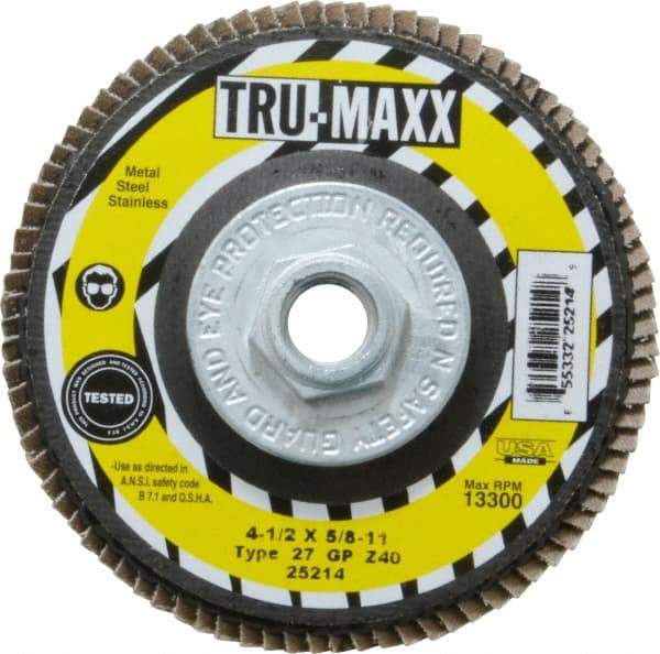 Tru-Maxx - 40 Grit, 4-1/2" Disc Diam, 5/8-11 Center Hole, Type 27 Zirconia Alumina Flap Disc - 13,300 Max RPM, Arbor Attaching System, Coated - Exact Tool & Supply