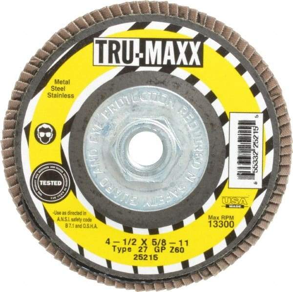 Tru-Maxx - 60 Grit, 4-1/2" Disc Diam, 5/8-11 Center Hole, Type 27 Zirconia Alumina Flap Disc - 13,300 Max RPM, Arbor Attaching System, Coated - Exact Tool & Supply