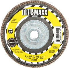 Tru-Maxx - 60 Grit, 4-1/2" Disc Diam, 5/8-11 Center Hole, Type 27 Zirconia Alumina Flap Disc - 13,300 Max RPM, Arbor Attaching System, Coated - Exact Tool & Supply