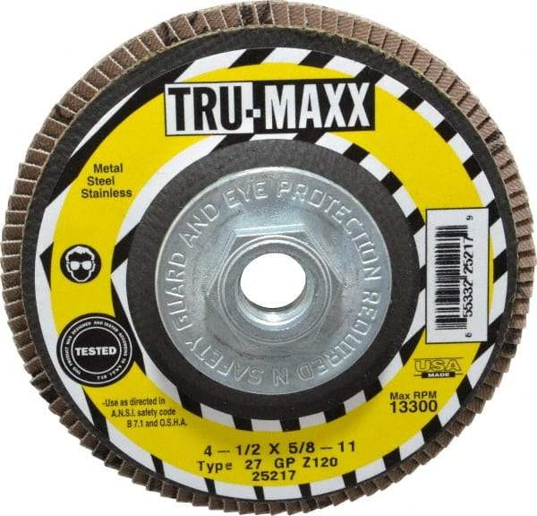 Tru-Maxx - 120 Grit, 4-1/2" Disc Diam, 5/8-11 Center Hole, Type 27 Zirconia Alumina Flap Disc - 13,300 Max RPM, Arbor Attaching System, Coated - Exact Tool & Supply