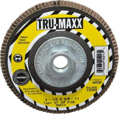 Tru-Maxx - 120 Grit, 4-1/2" Disc Diam, 5/8-11 Center Hole, Type 27 Zirconia Alumina Flap Disc - 13,300 Max RPM, Arbor Attaching System, Coated - Exact Tool & Supply