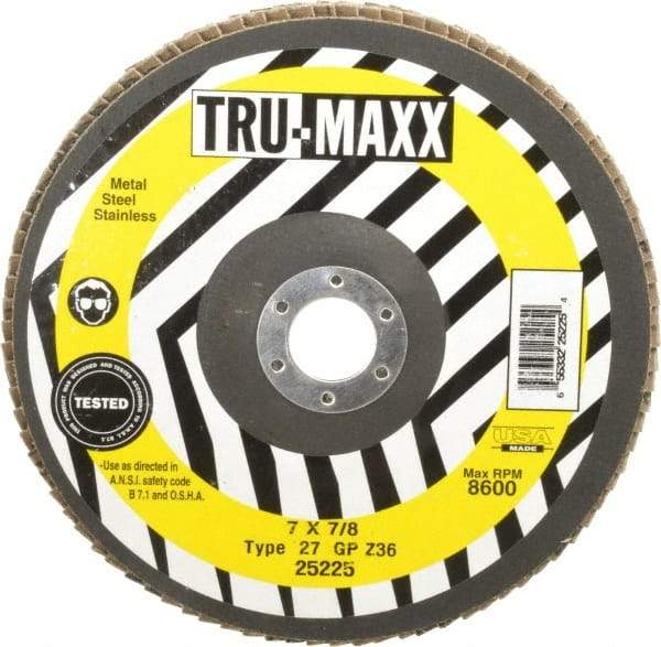 Tru-Maxx - 36 Grit, 7" Disc Diam, 7/8" Center Hole, Type 27 Zirconia Alumina Flap Disc - 8,600 Max RPM, Arbor Attaching System, Coated - Exact Tool & Supply