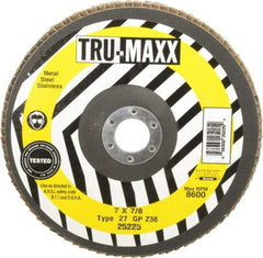 Tru-Maxx - 36 Grit, 7" Disc Diam, 7/8" Center Hole, Type 27 Zirconia Alumina Flap Disc - 8,600 Max RPM, Arbor Attaching System, Coated - Exact Tool & Supply