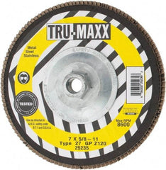 Tru-Maxx - 120 Grit, 7" Disc Diam, 5/8-11 Center Hole, Type 27 Zirconia Alumina Flap Disc - 8,600 Max RPM, Arbor Attaching System, Coated - Exact Tool & Supply