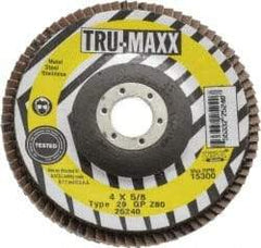 Tru-Maxx - 80 Grit, 4" Disc Diam, 5/8" Center Hole, Type 29 Zirconia Alumina Flap Disc - 15,300 Max RPM, Arbor Attaching System, Coated - Exact Tool & Supply