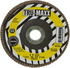Tru-Maxx - 120 Grit, 4" Disc Diam, 5/8" Center Hole, Type 29 Zirconia Alumina Flap Disc - 15,300 Max RPM, Arbor Attaching System, Coated - Exact Tool & Supply