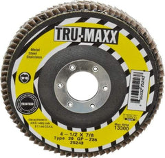 Tru-Maxx - 36 Grit, 4-1/2" Disc Diam, 7/8" Center Hole, Type 29 Zirconia Alumina Flap Disc - 13,300 Max RPM, Arbor Attaching System, Coated - Exact Tool & Supply