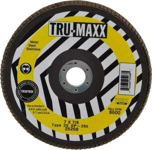 Tru-Maxx - 60 Grit, 7" Disc Diam, 7/8" Center Hole, Type 29 Zirconia Alumina Flap Disc - 8,600 Max RPM, Arbor Attaching System, Coated - Exact Tool & Supply
