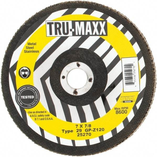 Tru-Maxx - 120 Grit, 7" Disc Diam, 7/8" Center Hole, Type 29 Zirconia Alumina Flap Disc - 8,600 Max RPM, Arbor Attaching System, Coated - Exact Tool & Supply