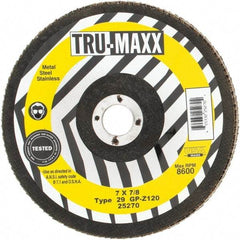 Tru-Maxx - 120 Grit, 7" Disc Diam, 7/8" Center Hole, Type 29 Zirconia Alumina Flap Disc - 8,600 Max RPM, Arbor Attaching System, Coated - Exact Tool & Supply