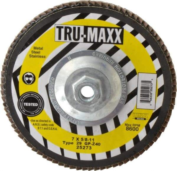 Tru-Maxx - 40 Grit, 7" Disc Diam, 5/8-11 Center Hole, Type 29 Zirconia Alumina Flap Disc - 8,600 Max RPM, Arbor Attaching System, Coated - Exact Tool & Supply