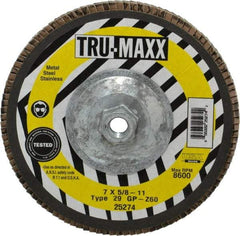 Tru-Maxx - 60 Grit, 7" Disc Diam, 5/8-11 Center Hole, Type 29 Zirconia Alumina Flap Disc - 8,600 Max RPM, Arbor Attaching System, Coated - Exact Tool & Supply