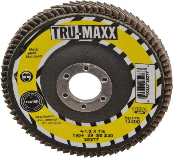 Tru-Maxx - 40 Grit, 4-1/2" Disc Diam, 7/8" Center Hole, Type 29 Zirconia Alumina Flap Disc - 13,300 Max RPM, Arbor Attaching System, Coated - Exact Tool & Supply